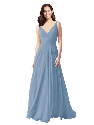 Dusty Blue Chiffon V-Neck Long Sleeveless Wedding Party Dress Southampton