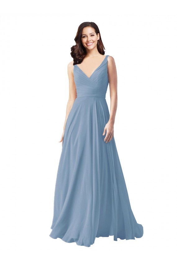 Dusty Blue Chiffon V-Neck Long Sleeveless Wedding Party Dress Southampton
