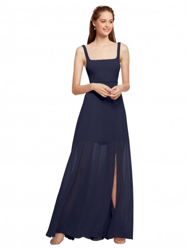 Dark Navy Chiffon Spaghetti Straps Long Sleeveless Bridesmaid Dress / Evening Dress Southampton