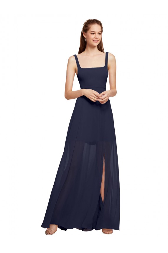 Dark Navy Chiffon Spaghetti Straps Long Sleeveless Bridesmaid Dress / Evening Dress Southampton