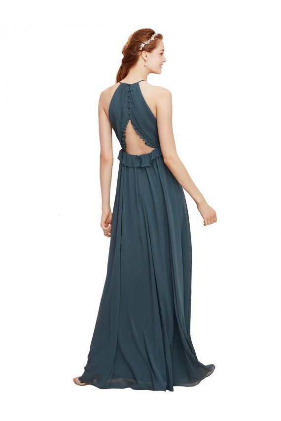 Keyhole Back Sheath Soft Chiffon Halter Neck Long Sleeveless Bridesmaid Dress Southampton
