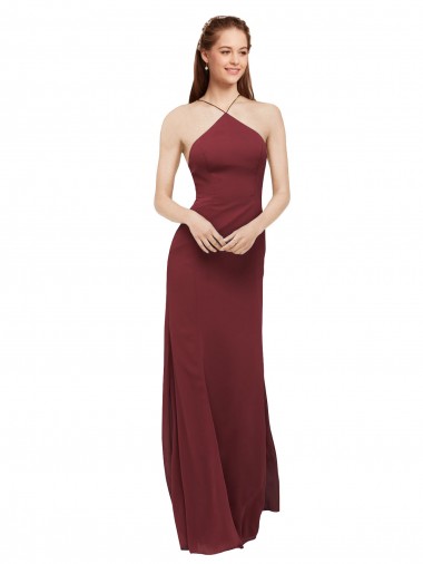 Open Back Burgundy Soft Chiffon Halter Neck Long Sleeveless Formal Dress / Bridesmaid Dress Southampton