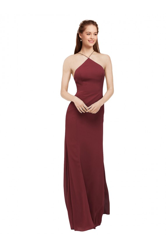 Open Back Burgundy Soft Chiffon Halter Neck Long Sleeveless Formal Dress / Bridesmaid Dress Southampton