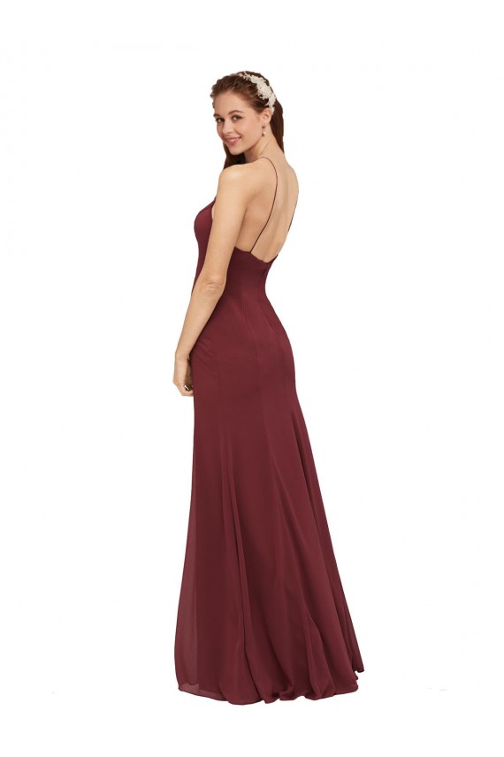 Open Back Burgundy Soft Chiffon Halter Neck Long Sleeveless Formal Dress / Bridesmaid Dress Southampton