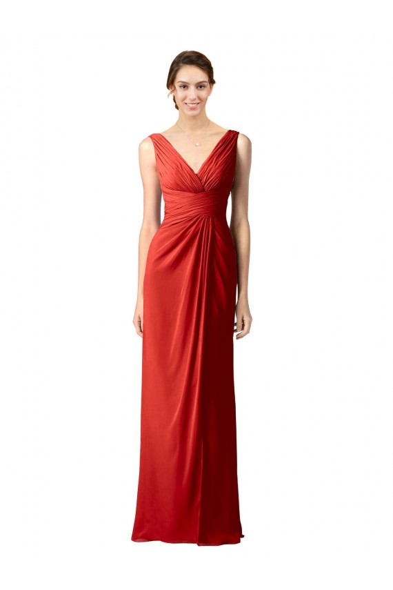 V-Back Red Soft Chiffon V-Neck Long Sleeveless Bridesmaid Dress Southampton