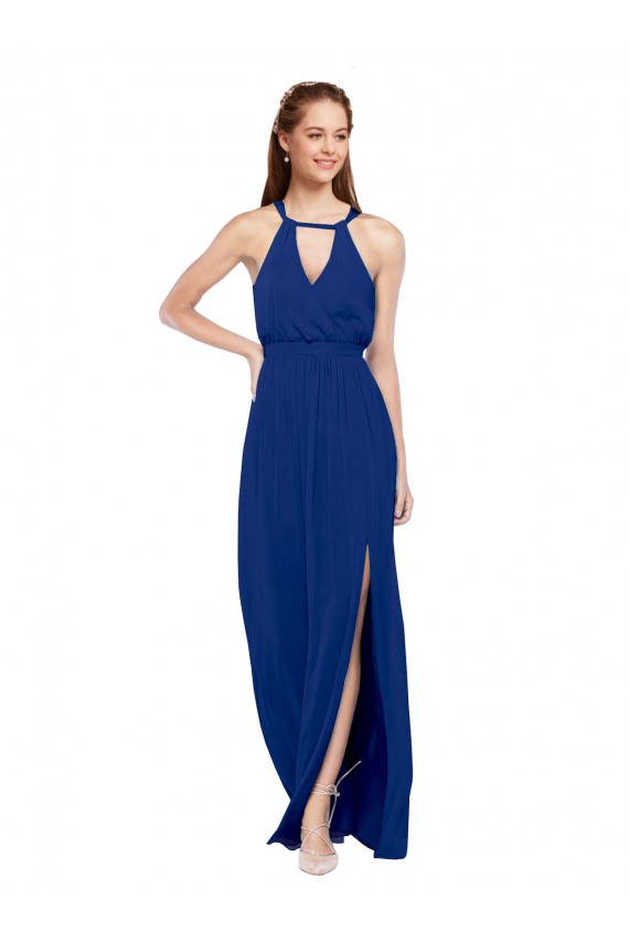 Royal Blue Soft Chiffon High Neck Long Sleeveless Bridesmaid Dress Southampton