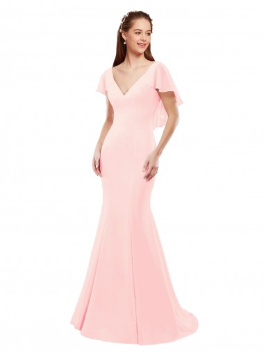 V-Back Pink Soft Chiffon V-Neck Long Flutter Sleeves Bridesmaid Dress Southampton