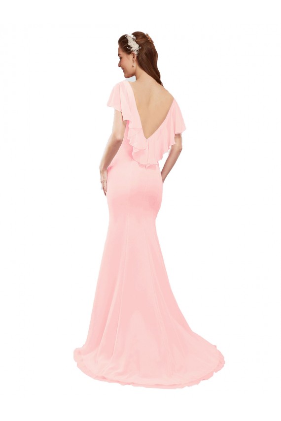 V-Back Pink Soft Chiffon V-Neck Long Flutter Sleeves Bridesmaid Dress Southampton