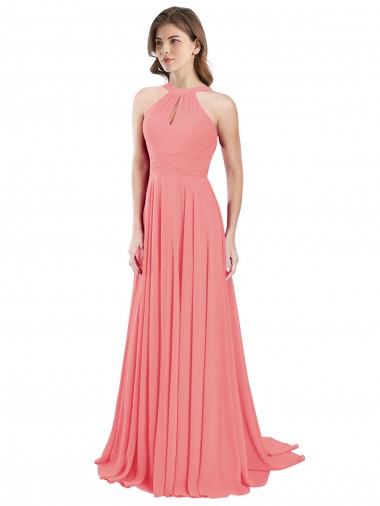Open Back Watermelon Chiffon Halter Neck Long Sleeveless Bridesmaid Dress / Evening Dress Southampton