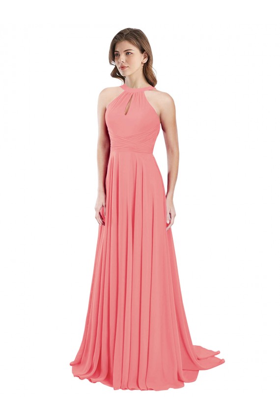 Open Back Watermelon Chiffon Halter Neck Long Sleeveless Bridesmaid Dress / Evening Dress Southampton