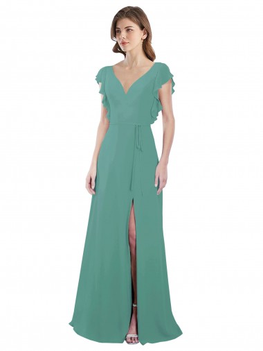V-Back Icelandic Silver Soft Chiffon V-Neck Long Cap Sleeves Formal Dress / Bridesmaid Dress Southampton