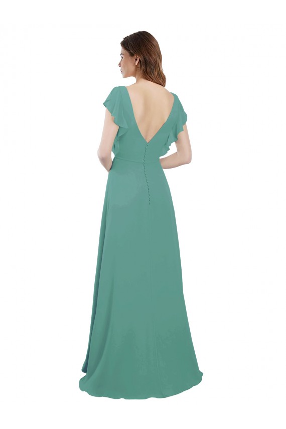 V-Back Icelandic Silver Soft Chiffon V-Neck Long Cap Sleeves Formal Dress / Bridesmaid Dress Southampton