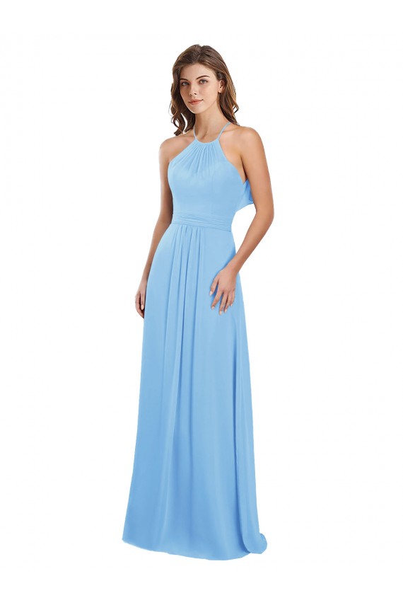 Keyhole Back Periwinkle Chiffon Halter Neck Long Sleeveless Bridesmaid Dress / Evening Dress Southampton