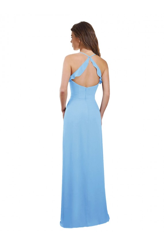 Keyhole Back Periwinkle Soft Chiffon Spaghetti Straps Long Sleeveless Bridesmaid Dress Southampton