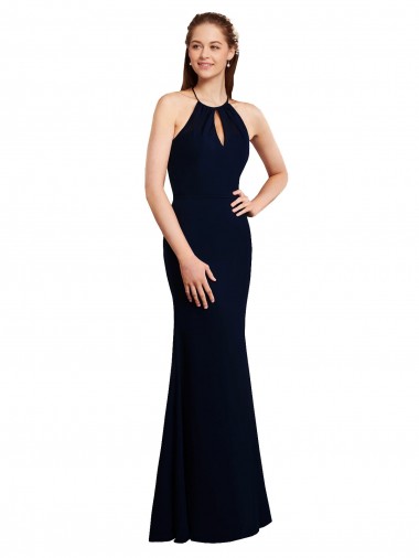 Open Back Dark Navy Soft Chiffon Halter Neck Long Sleeveless Bridesmaid Dress Southampton