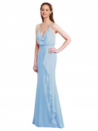 Open Back Light Sky Blue Soft Chiffon Spaghetti Straps Long Sleeveless Bridesmaid Dress Southampton