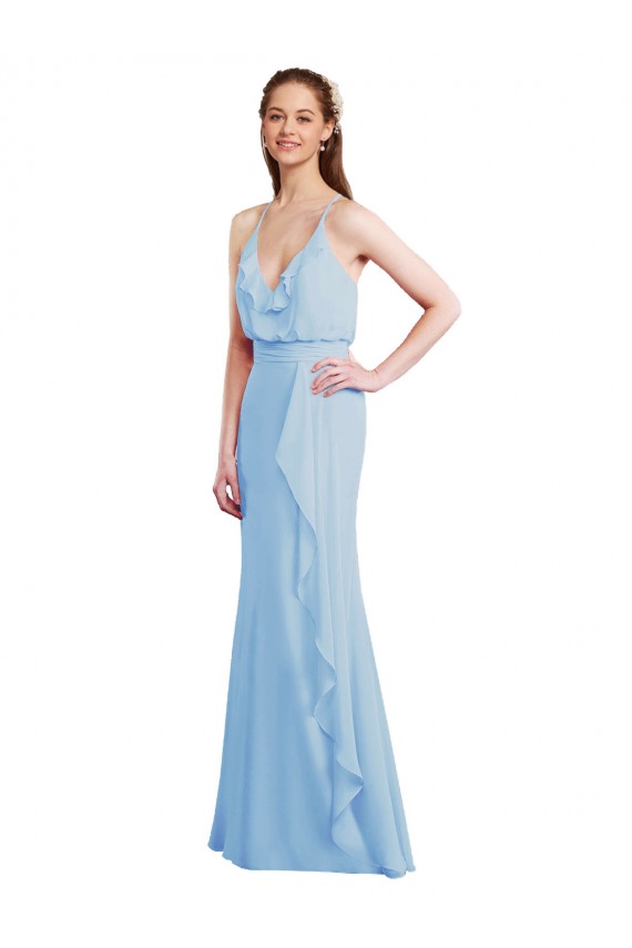 Open Back Light Sky Blue Soft Chiffon Spaghetti Straps Long Sleeveless Bridesmaid Dress Southampton