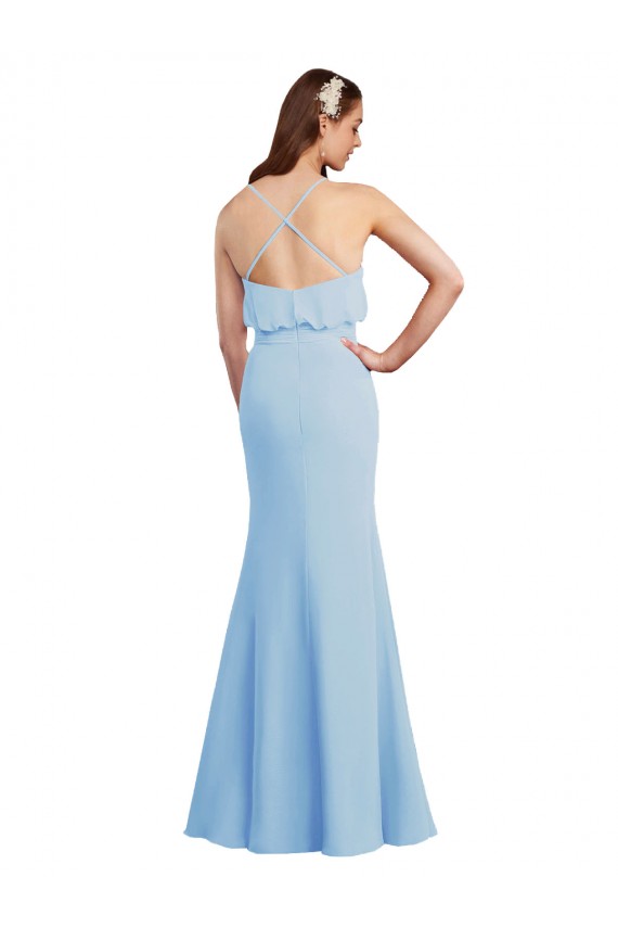 Open Back Light Sky Blue Soft Chiffon Spaghetti Straps Long Sleeveless Bridesmaid Dress Southampton