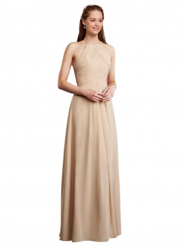 Low Back Champagne Soft Chiffon Halter Neck Long Sleeveless Bridesmaid Dress Southampton