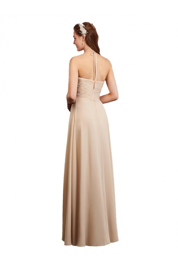Low Back Champagne Soft Chiffon Halter Neck Long Sleeveless Bridesmaid Dress Southampton