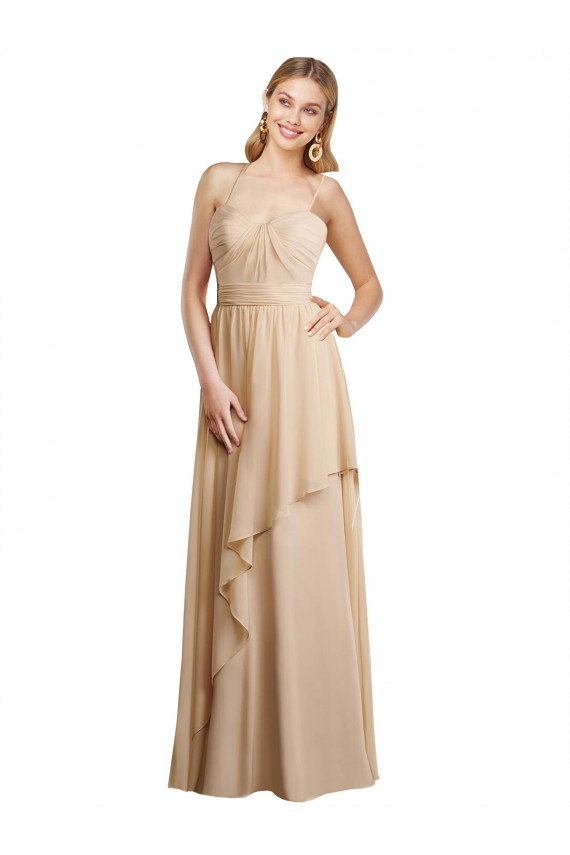 Open Back Champagne Soft Chiffon Spaghetti Straps Long Sleeveless Bridesmaid Dress Southampton