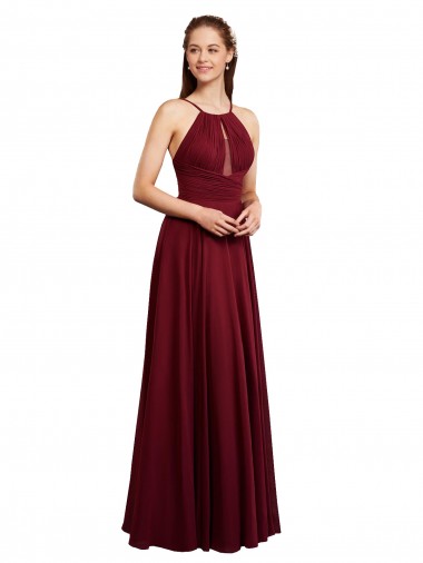 Open Back Burgundy Chiffon Spaghetti Straps Long Sleeveless Bridesmaid Dress / Evening Dress Southampton