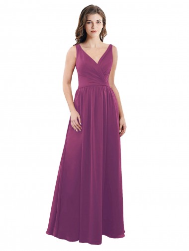 V-Back Wild Berry Soft Chiffon V-Neck Long Sleeveless Bridesmaid Dress Southampton