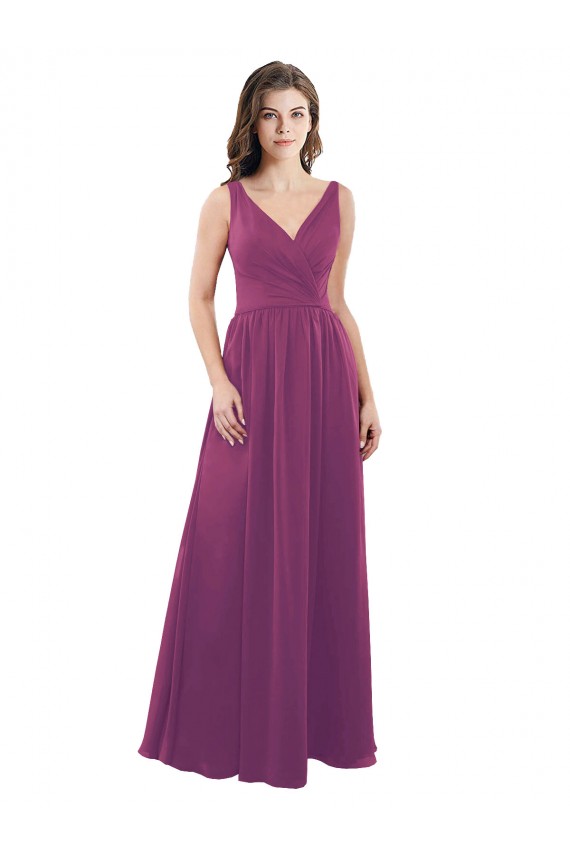 V-Back Wild Berry Soft Chiffon V-Neck Long Sleeveless Bridesmaid Dress Southampton