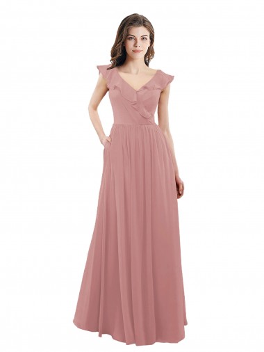V-Back Dusty Pink Soft Chiffon V-Neck Long Cap Sleeves Bridesmaid Dress Southampton