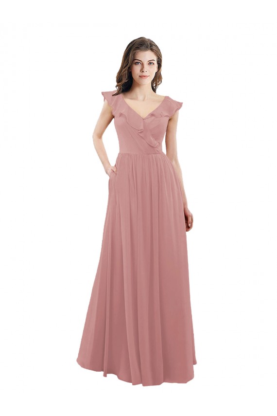 V-Back Dusty Pink Soft Chiffon V-Neck Long Cap Sleeves Bridesmaid Dress Southampton