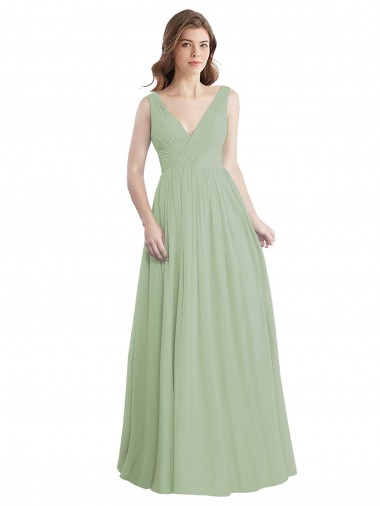 V-Back Smoke Green Soft Chiffon V-Neck Long Sleeveless Formal Dress / Bridesmaid Dress Southampton