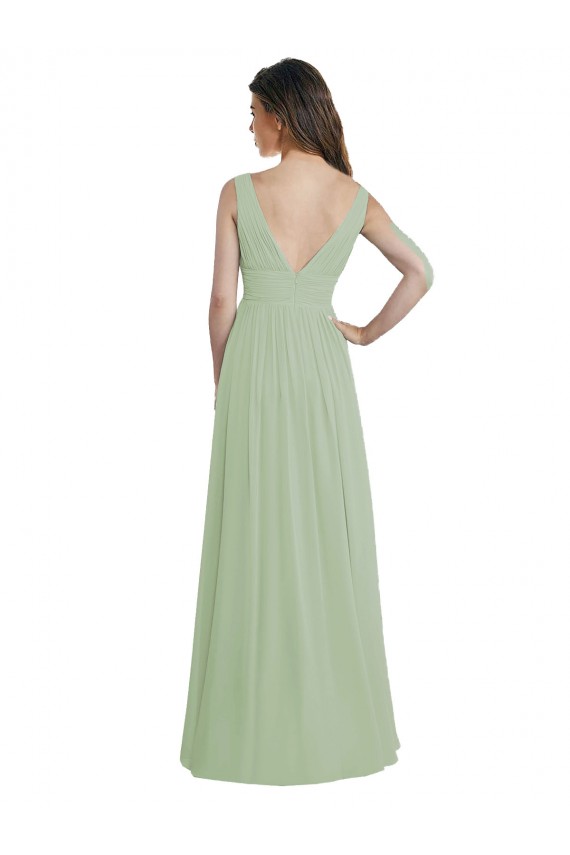 V-Back Smoke Green Soft Chiffon V-Neck Long Sleeveless Formal Dress / Bridesmaid Dress Southampton