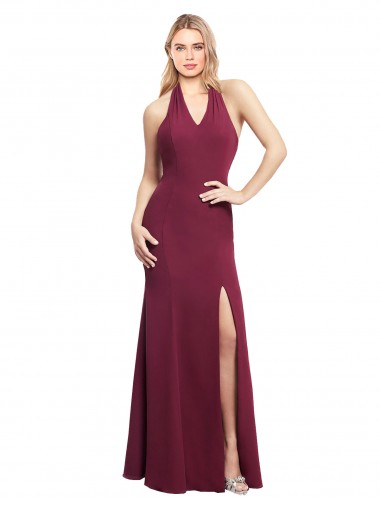 Open Back Burgundy Soft Chiffon Halter Neck Long Sleeveless Bridesmaid Dress Southampton