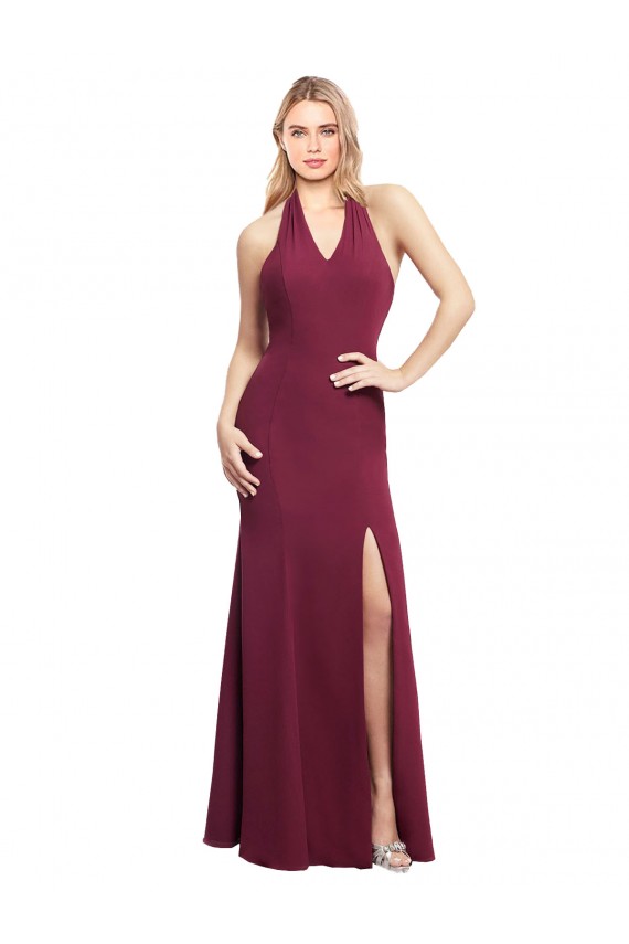 Open Back Burgundy Soft Chiffon Halter Neck Long Sleeveless Bridesmaid Dress Southampton