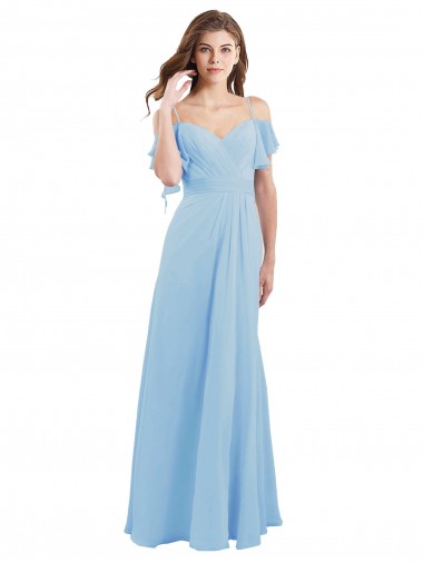 Low Back Light Sky Blue Soft Chiffon Spaghetti Straps Long Cold Shoulder Bridesmaid Dress Southampton