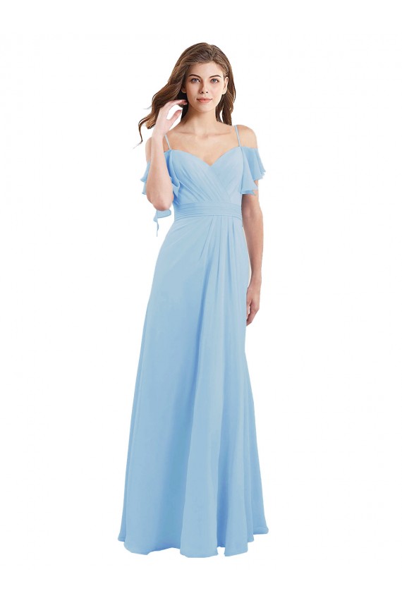 Low Back Light Sky Blue Soft Chiffon Spaghetti Straps Long Cold Shoulder Bridesmaid Dress Southampton