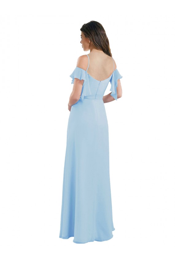 Low Back Light Sky Blue Soft Chiffon Spaghetti Straps Long Cold Shoulder Bridesmaid Dress Southampton