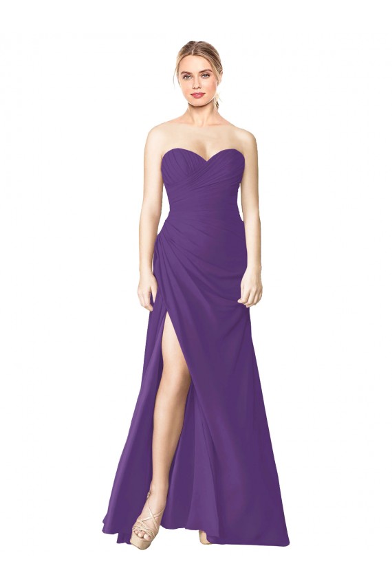 Low Back Plum Purple Soft Chiffon Sweetheart Long Sleeveless Bridesmaid Dress Southampton