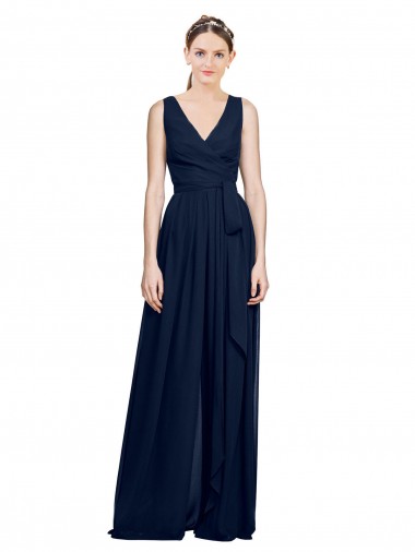 Dark Navy Chiffon V-Neck Long Sleeveless Wedding Party Dress Southampton