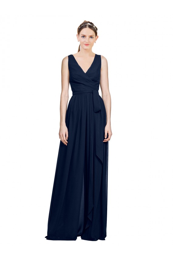 Dark Navy Chiffon V-Neck Long Sleeveless Wedding Party Dress Southampton