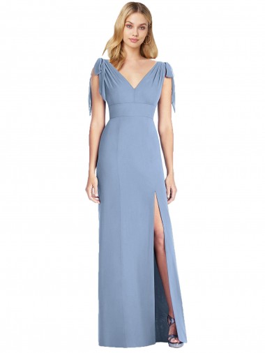 V-Back Dusty Blue Soft Chiffon V-Neck Long Sleeveless Bridesmaid Dress Southampton