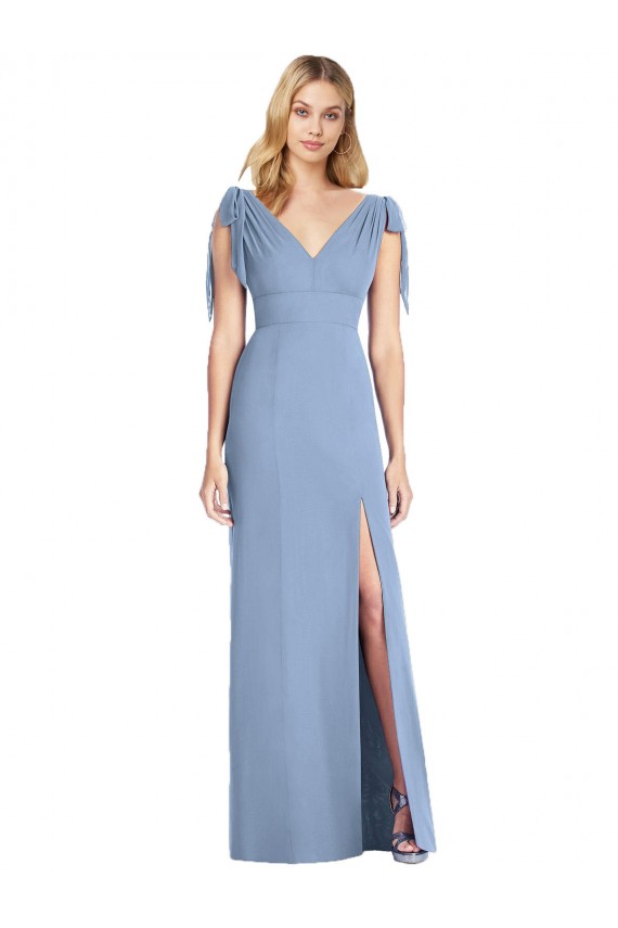 V-Back Dusty Blue Soft Chiffon V-Neck Long Sleeveless Bridesmaid Dress Southampton