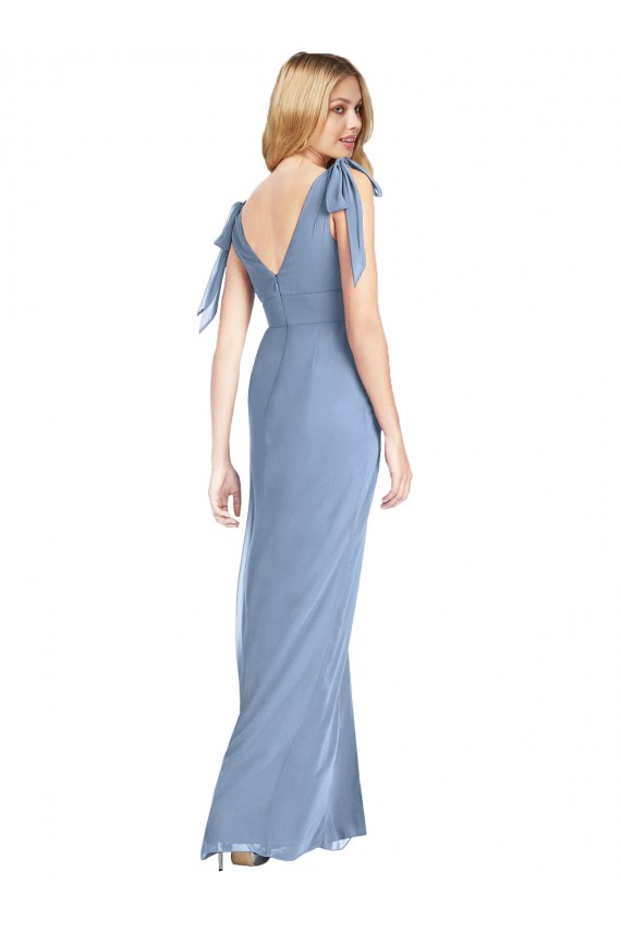 V-Back Dusty Blue Soft Chiffon V-Neck Long Sleeveless Bridesmaid Dress Southampton