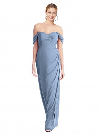 Low Back Dusty Blue Soft Chiffon Off the Shoulder Long Sleeveless Semi Formal Evening Dress / Bridesmaid Dress Southampton