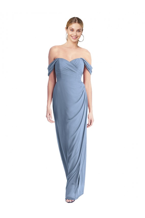 Low Back Dusty Blue Soft Chiffon Off the Shoulder Long Sleeveless Semi Formal Evening Dress / Bridesmaid Dress Southampton