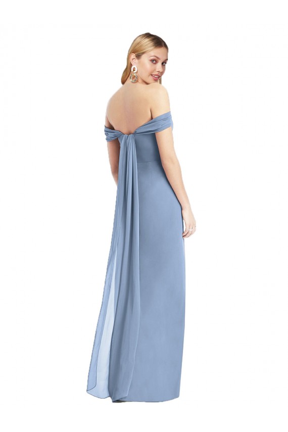 Low Back Dusty Blue Soft Chiffon Off the Shoulder Long Sleeveless Semi Formal Evening Dress / Bridesmaid Dress Southampton