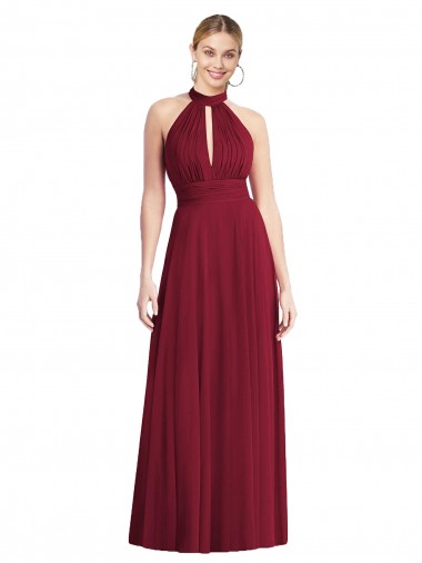 Open Back Burgundy Soft Chiffon Halter Neck Long Sleeveless Semi Formal Evening Dress / Bridesmaid Dress Southampton