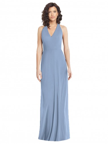 Open Back Dusty Blue Soft Chiffon Halter Neck Long Sleeveless Formal Evening Gown / Bridesmaid Dress Southampton