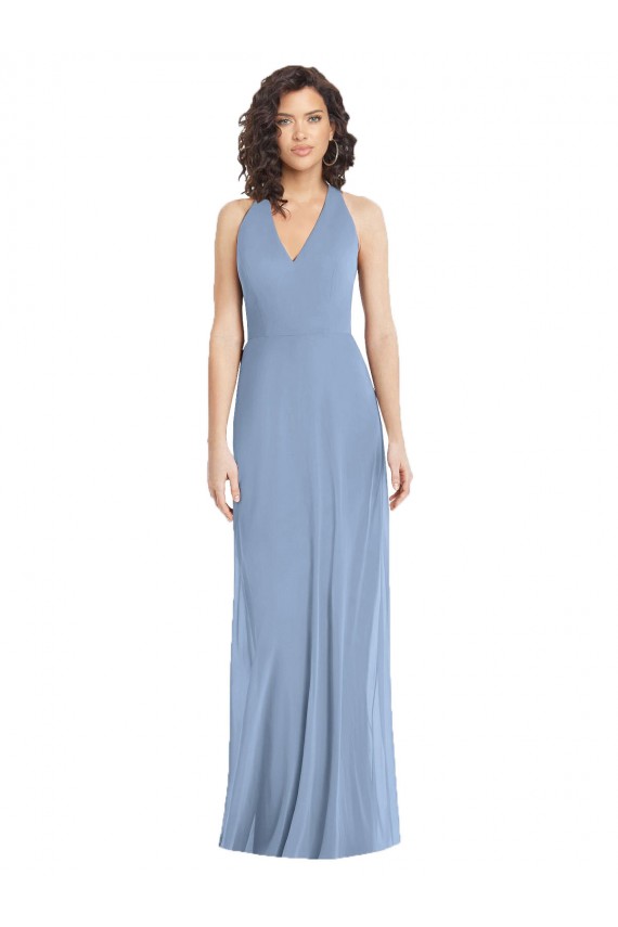 Open Back Dusty Blue Soft Chiffon Halter Neck Long Sleeveless Formal Evening Gown / Bridesmaid Dress Southampton
