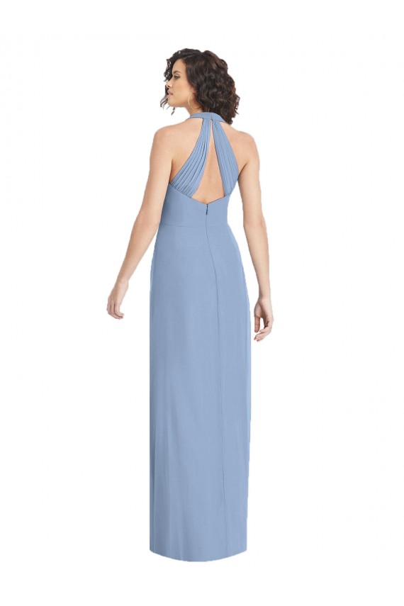 Open Back Dusty Blue Soft Chiffon Halter Neck Long Sleeveless Formal Evening Gown / Bridesmaid Dress Southampton